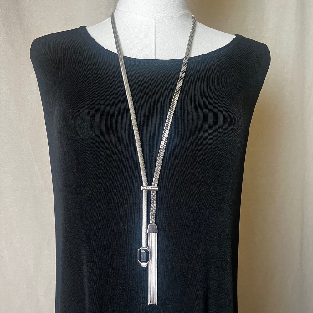 Silver Mesh Tassel Necklace Black Stone Drop Adjustable 31-35" Statement